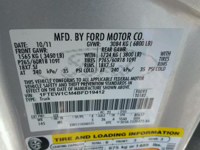 1FTEW1CM4BFD19412 - 2011 FORD F150 SUPER SILVER photo 10