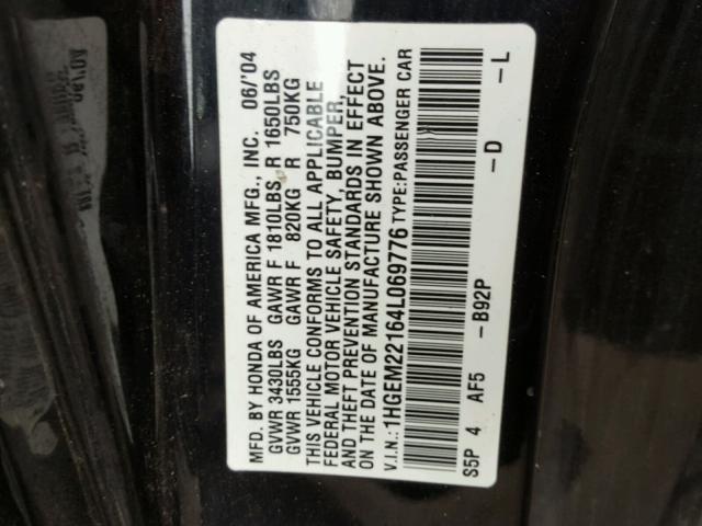 1HGEM22164L069776 - 2004 HONDA CIVIC DX V BLACK photo 10