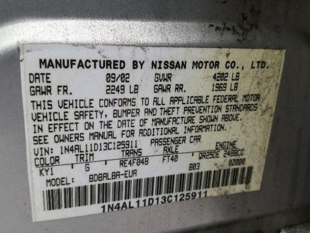 1N4AL11D13C125911 - 2003 NISSAN ALTIMA BAS SILVER photo 10