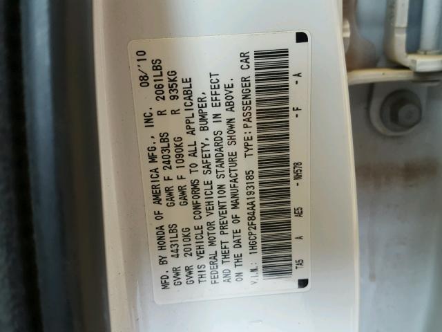 1HGCP2F84AA193185 - 2010 HONDA ACCORD EXL WHITE photo 10