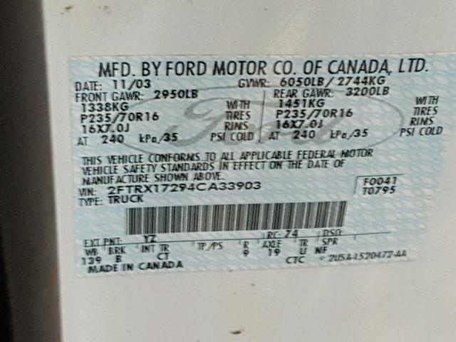 2FTRX17294CA33903 - 2004 FORD F-150 HERI WHITE photo 10