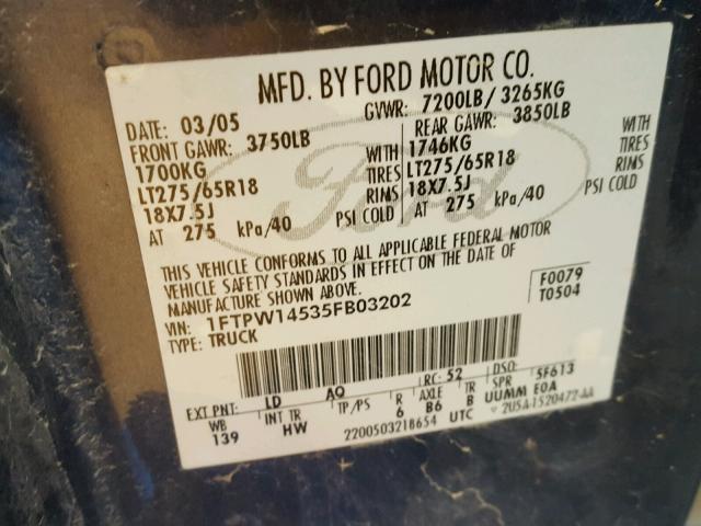 1FTPW14535FB03202 - 2005 FORD F150 SUPER BLUE photo 10