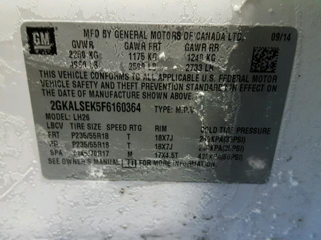 2GKALSEK5F6160364 - 2015 GMC TERRAIN SL WHITE photo 10