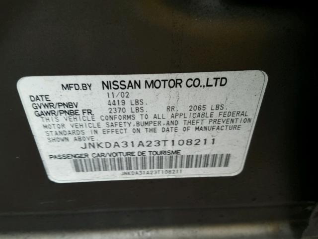 JNKDA31A23T108211 - 2003 INFINITI I35 GRAY photo 10