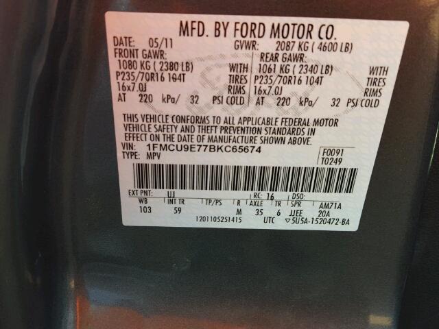 1FMCU9E77BKC65674 - 2011 FORD ESCAPE LIM CHARCOAL photo 10