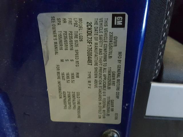 2CKDL73F176004487 - 2007 PONTIAC TORRENT BLUE photo 10