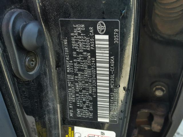 4T1BF32K04U075248 - 2004 TOYOTA CAMRY LE BLACK photo 10