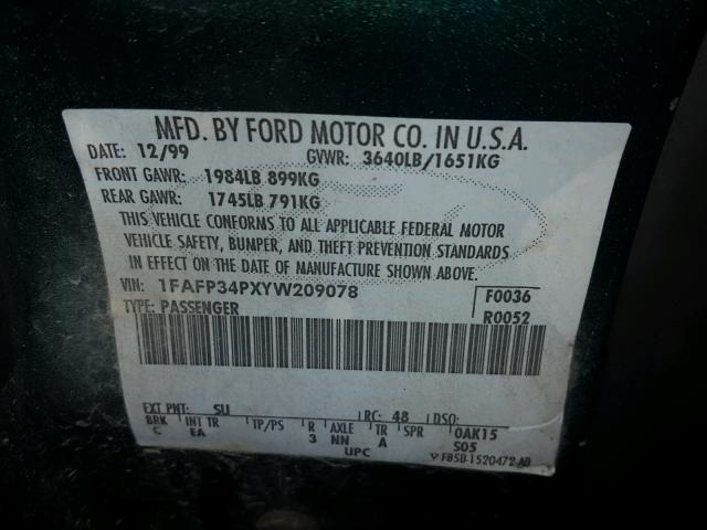 1FAFP34PXYW209078 - 2000 FORD FOCUS SE GREEN photo 10