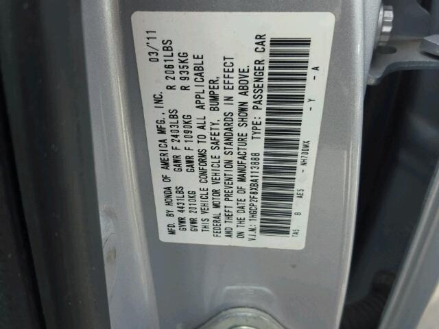 1HGCP2F8XBA113888 - 2011 HONDA ACCORD EXL SILVER photo 10