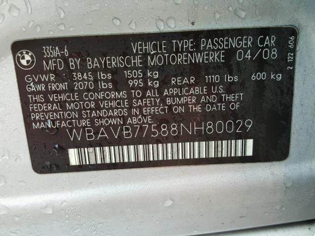 WBAVB77588NH80029 - 2008 BMW 335 I SILVER photo 10
