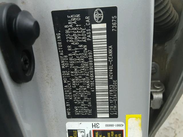 4T1BE46K69U889897 - 2009 TOYOTA CAMRY BASE SILVER photo 10