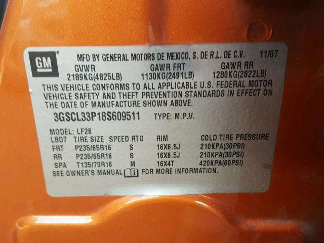 3GSCL33P18S609511 - 2008 SATURN VUE XE ORANGE photo 10