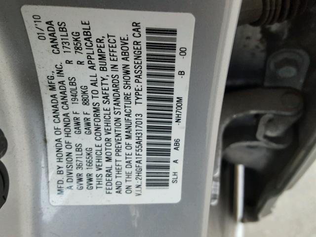 2HGFA1F55AH317013 - 2010 HONDA CIVIC LX SILVER photo 10