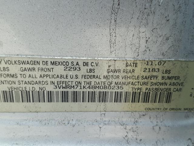 3VWRM71K48M080235 - 2008 VOLKSWAGEN JETTA SE SILVER photo 10