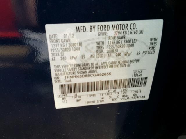 1FMHK8D88CGA92655 - 2012 FORD EXPLORER X BLUE photo 10