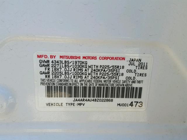 JA4AR4AU4BZ022868 - 2011 MITSUBISHI OUTLANDER WHITE photo 10