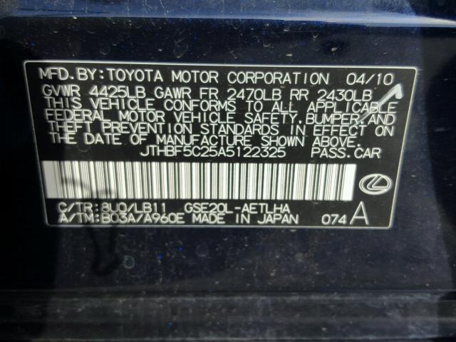 JTHBF5C25A5122325 - 2010 LEXUS IS 250 BLACK photo 10