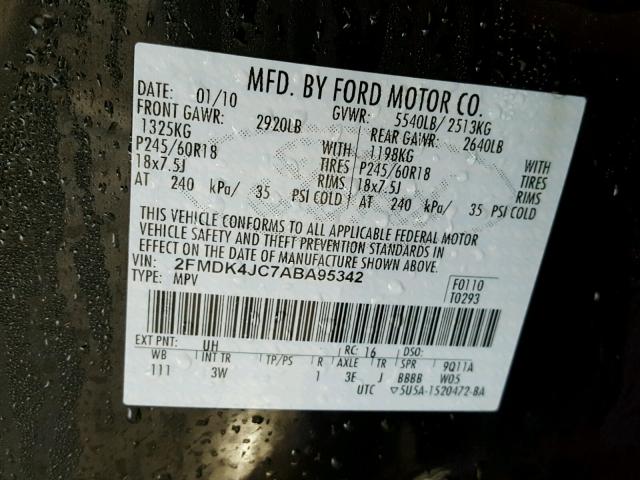 2FMDK4JC7ABA95342 - 2010 FORD EDGE SEL BLACK photo 10