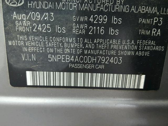 5NPEB4AC0DH792403 - 2013 HYUNDAI SONATA GLS GRAY photo 10