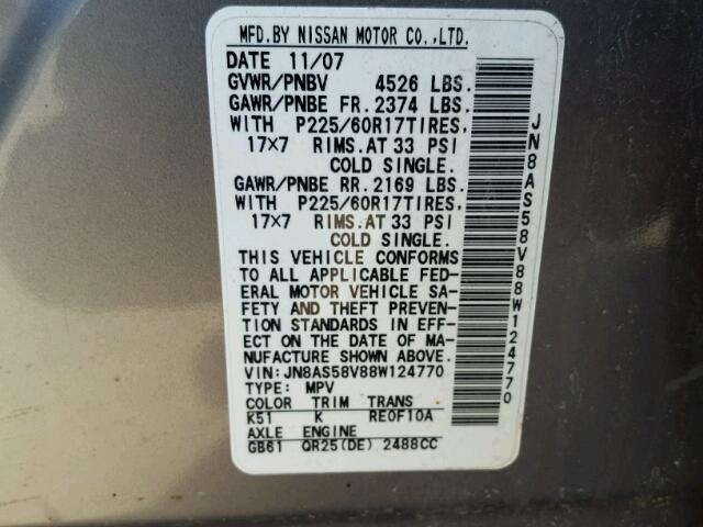 JN8AS58V88W124770 - 2008 NISSAN ROGUE S GRAY photo 10