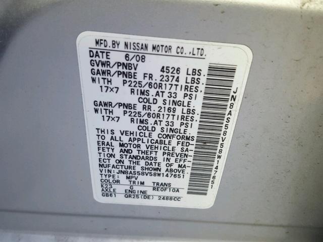 JN8AS58V58W147651 - 2008 NISSAN ROGUE S SILVER photo 10