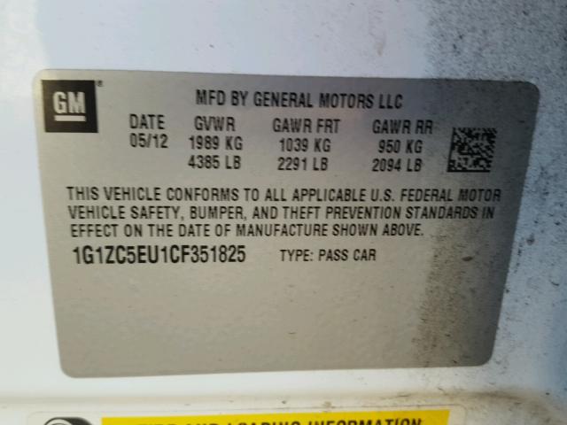 1G1ZC5EU1CF351825 - 2012 CHEVROLET MALIBU 1LT 白色 照片 10