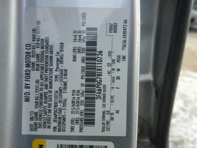 3FA6P0G78ER110736 - 2014 FORD FUSION S SILVER photo 10