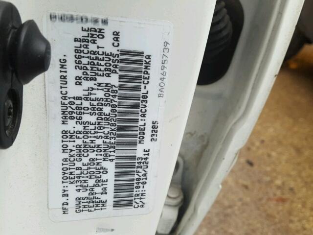 4T1BE32K82U007487 - 2002 TOYOTA CAMRY LE WHITE photo 10