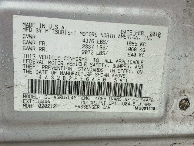 4A32B2FF6AE015811 - 2010 MITSUBISHI GALANT FE GRAY photo 10