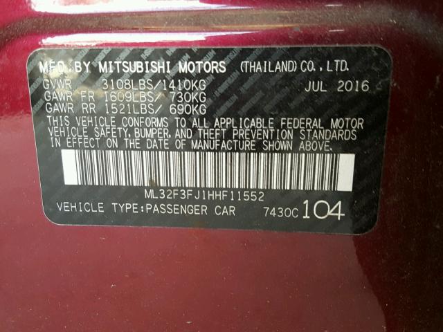 ML32F3FJ1HHF11552 - 2017 MITSUBISHI MIRAGE G4 BURGUNDY photo 10