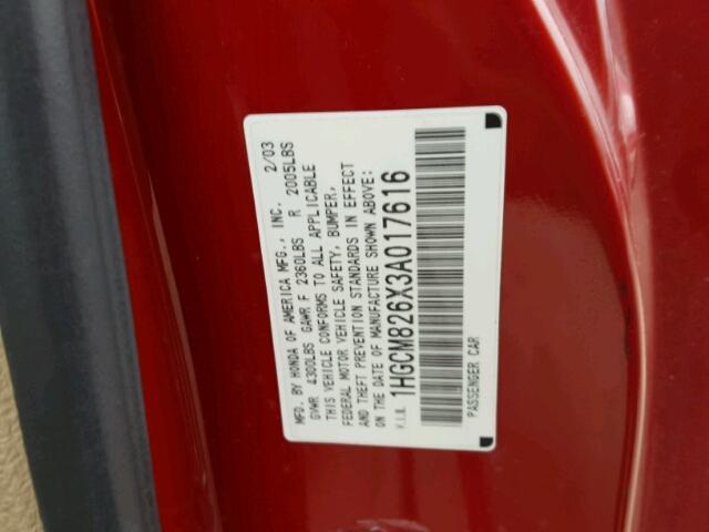 1HGCM826X3A017616 - 2003 HONDA ACCORD EX RED photo 10