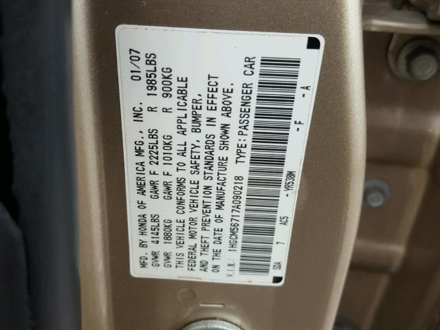 1HGCM56717A090218 - 2007 HONDA ACCORD EX GOLD photo 10