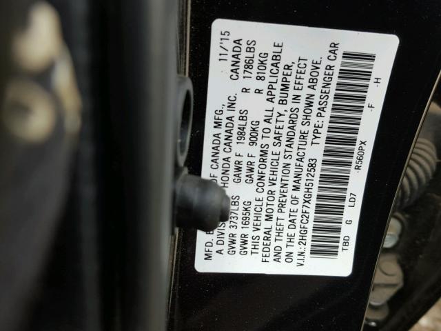 2HGFC2F7XGH512583 - 2016 HONDA CIVIC EX შავი ფოტო 10