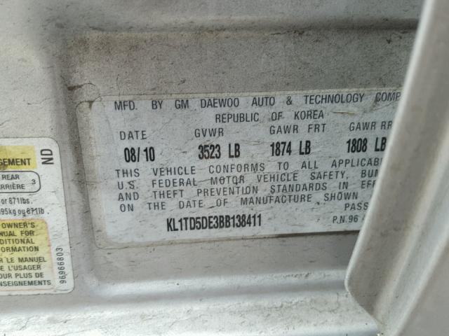 KL1TD5DE3BB138411 - 2011 CHEVROLET AVEO LS SILVER photo 10