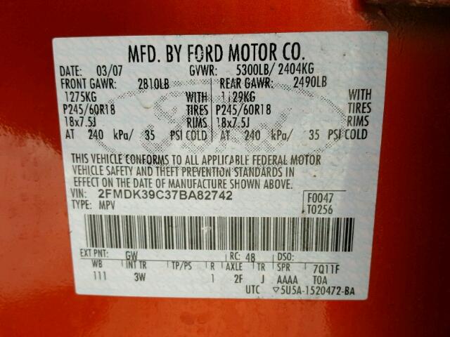 2FMDK39C37BA82742 - 2007 FORD EDGE SEL P ORANGE photo 10