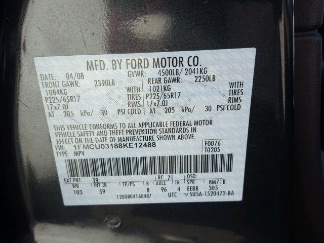 1FMCU03188KE12488 - 2008 FORD ESCAPE XLT GRAY photo 10