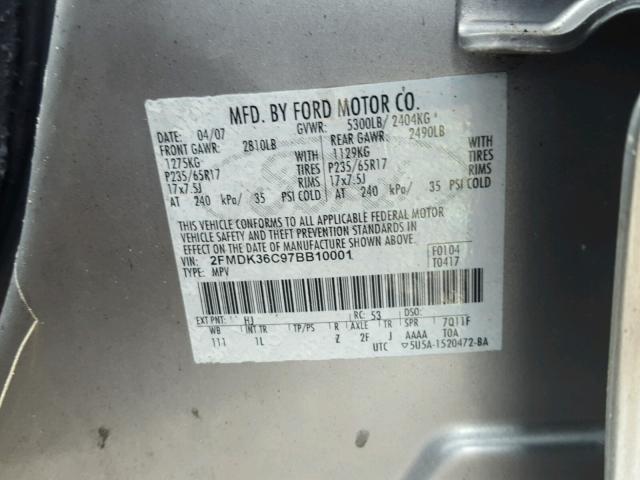 2FMDK36C97BB10001 - 2007 FORD EDGE SE SILVER photo 10