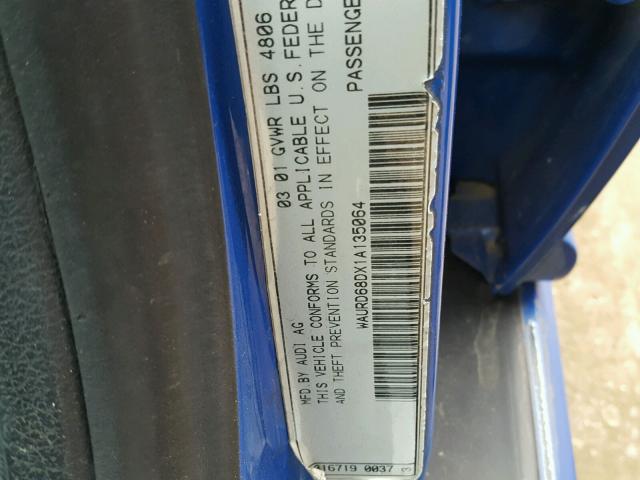 WAURD68DX1A135064 - 2001 AUDI S4 2.7 QUA BLUE photo 10