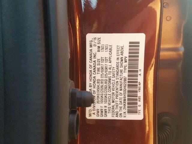 2HKRM4H50GH622887 - 2016 HONDA CR-V EX ნაცრისფერი ფოტო 10