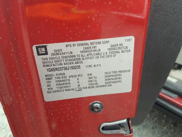 1GKER23738J193206 - 2008 GMC ACADIA SLT წითელი ფოტო 10