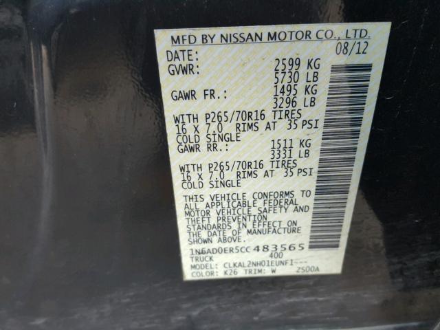 1N6AD0ER5CC483565 - 2012 NISSAN FRONTIER S CHARCOAL photo 10