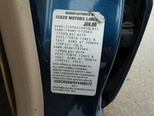 4S6CK58W9Y4408372 - 2000 HONDA PASSPORT E BLUE photo 10