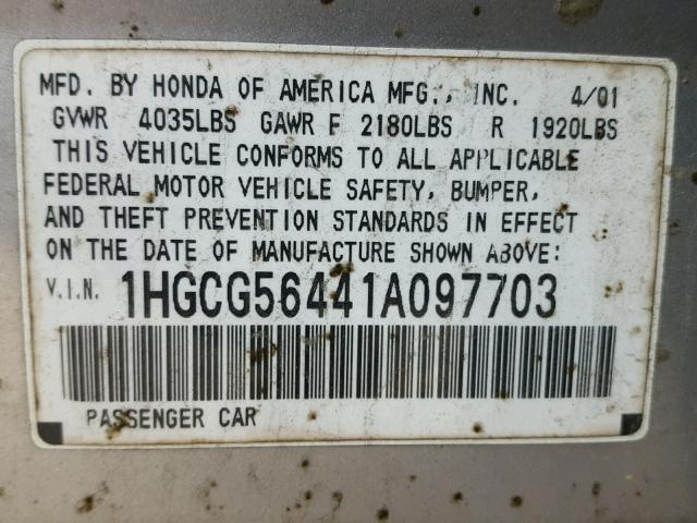 1HGCG56441A097703 - 2001 HONDA ACCORD LX SILVER photo 10