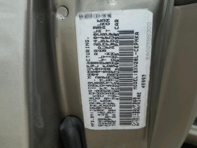 4T1BG22K6WU349675 - 1998 TOYOTA CAMRY CE TAN photo 10