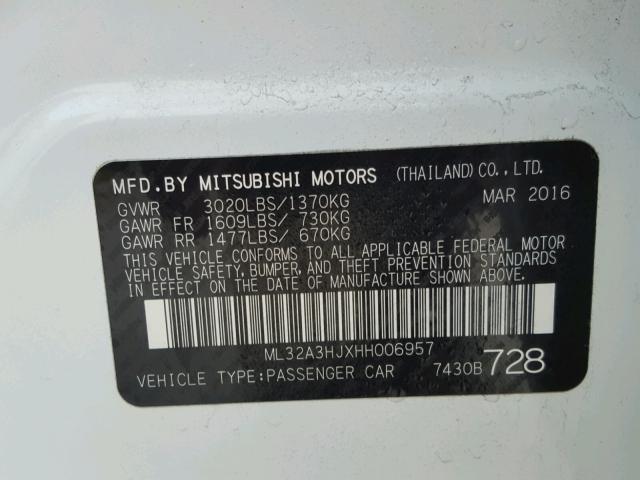 ML32A3HJXHH006957 - 2017 MITSUBISHI MIRAGE ES WHITE photo 10