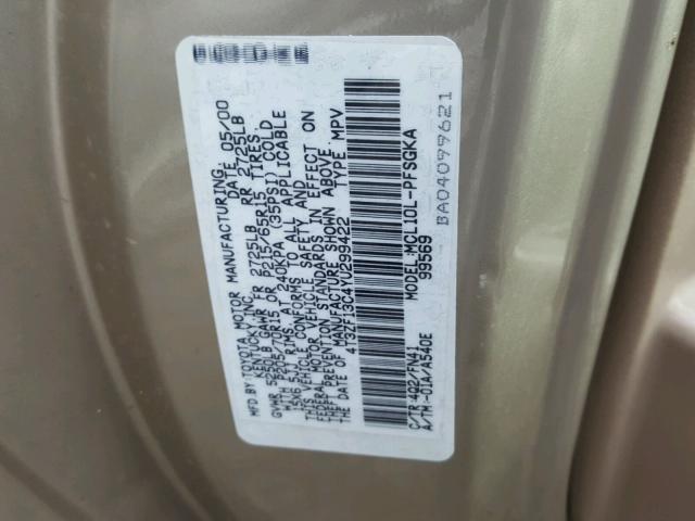 4T3ZF13C4YU299422 - 2000 TOYOTA SIENNA LE GOLD photo 10