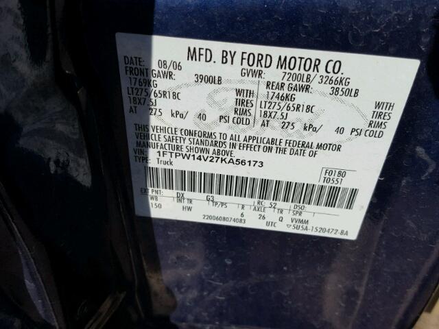 1FTPW14V27KA56173 - 2007 FORD F150 SUPER BLUE photo 10