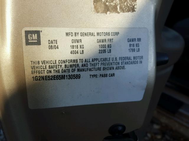 1G2NE52E65M130589 - 2005 PONTIAC GRAND AM S ოქროსფერი ფოტო 10