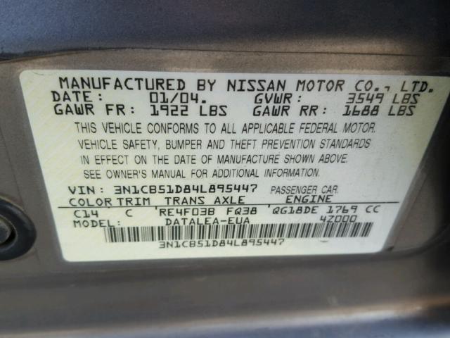 3N1CB51D84L895447 - 2004 NISSAN SENTRA 1.8 GOLD photo 10