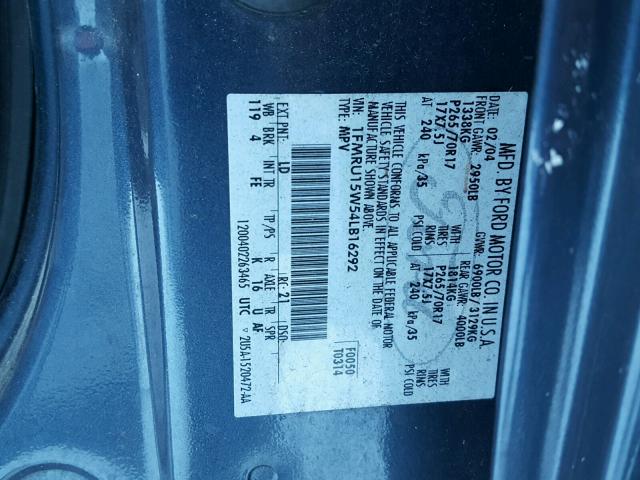 1FMRU15W54LB16292 - 2004 FORD EXPEDITION BLUE photo 10